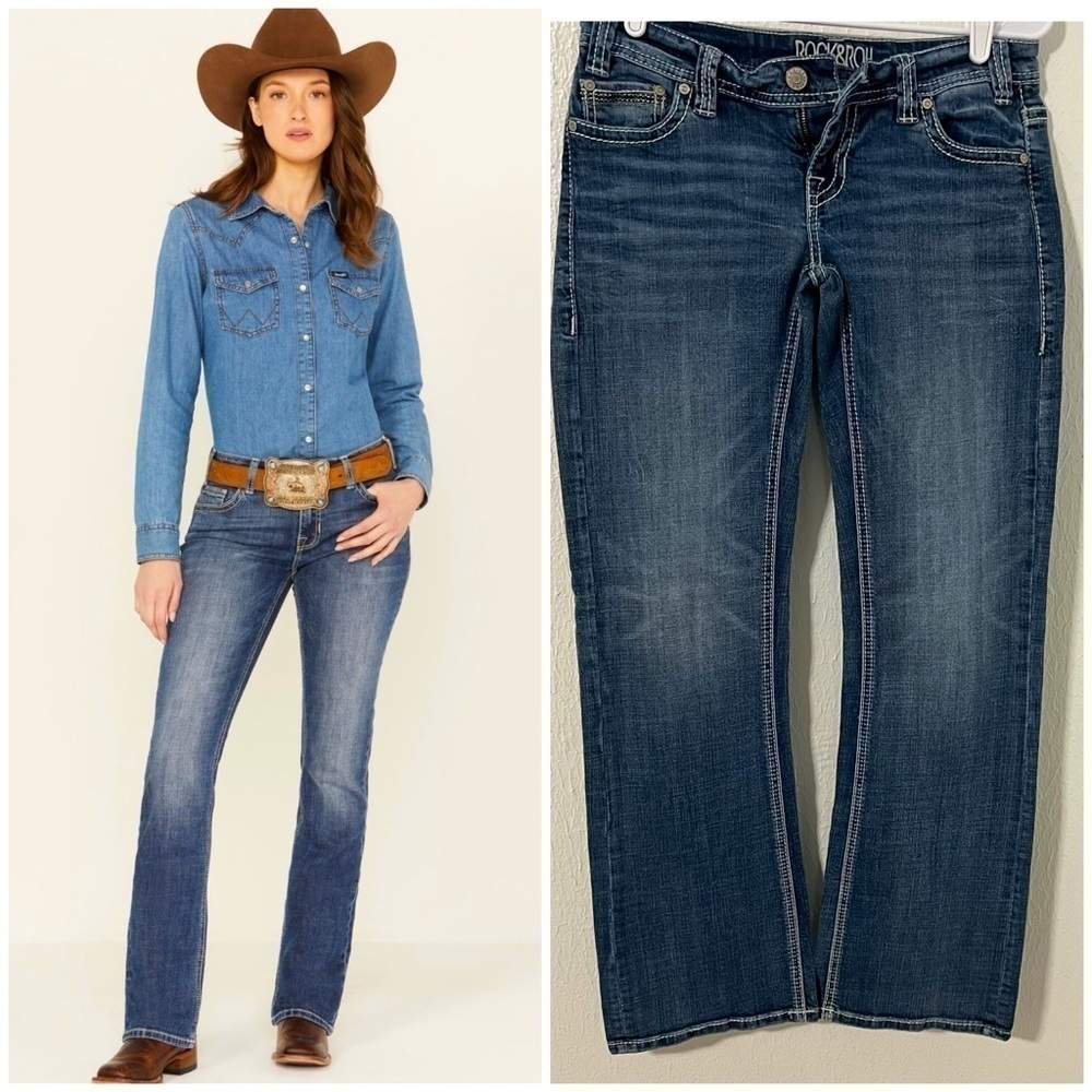 ROCK & ROLL DENIM WOMEN'S MEDIUM WASH MID RISE RIDING BOOTCUT JEANS 28 x 34 EUC